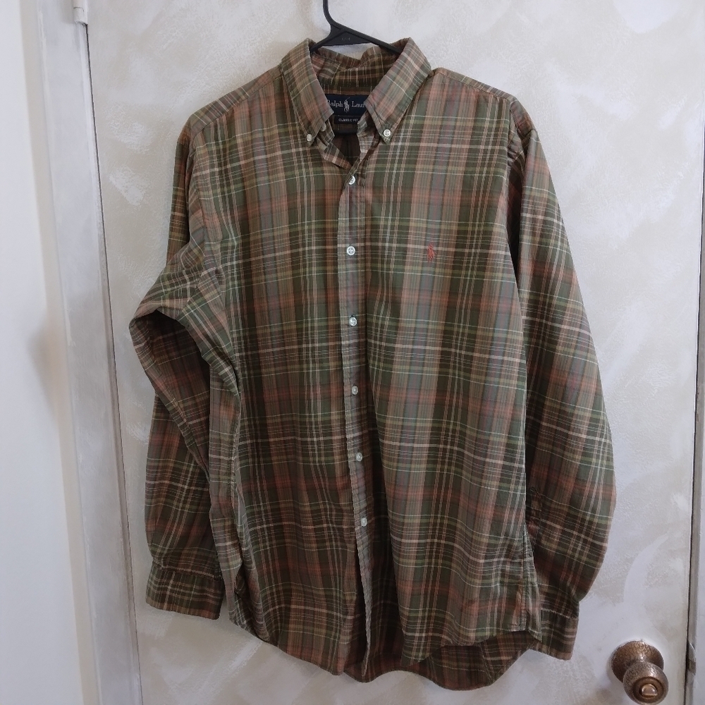 Classic Fit Size L Ralph Lauren Green Brown Orange Plaid Long Sleeve Button Up